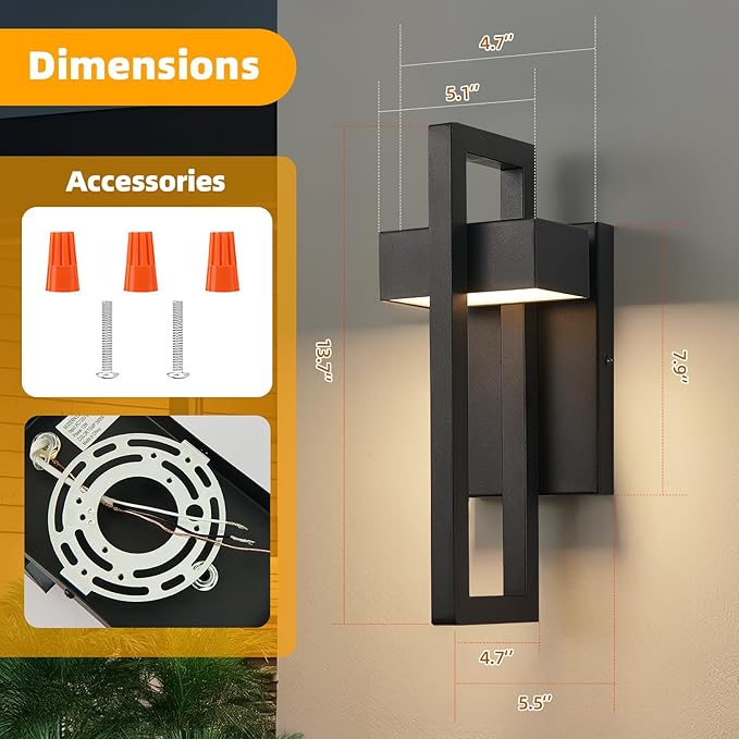 tewei LED Outdoor Wall Sconce Modern Exterior Lighting Fixtures, Matte Black Outdoor Front Porch Lights LED Outside Wall Mount Lights for House, Hallway, Warm White 3000K, 2 Pack