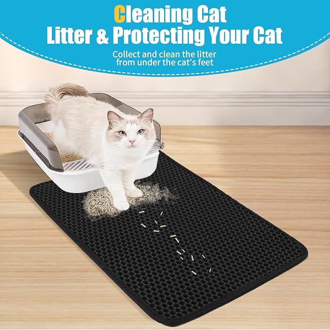 Cat Litter Mat, Kitty Litter Collector, Double Layered Honeycomb Design Waterproof, Anti Urine, Anti Slip, Easy to Clean, Limit Garbage (35"x24", Black)