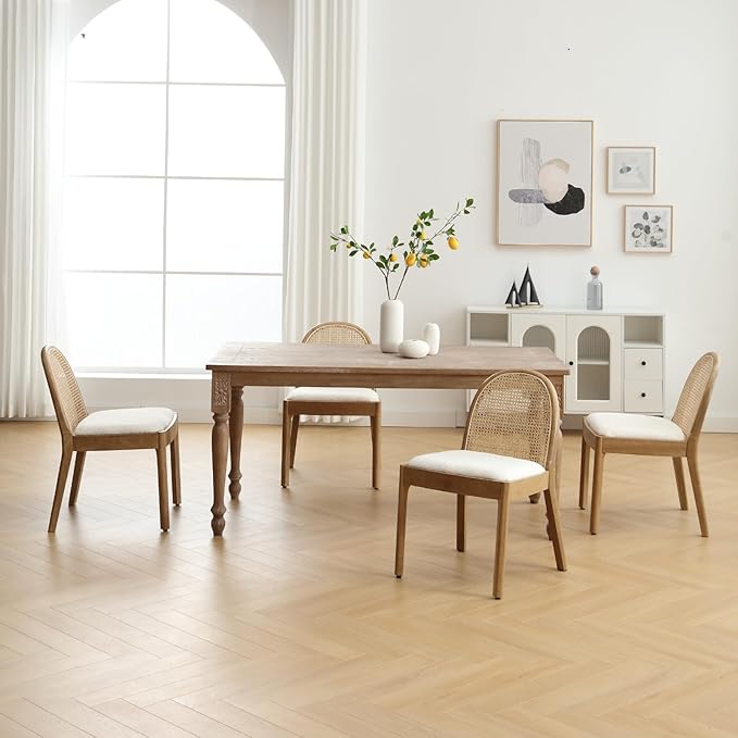 HEAH-YO Rattan Dining Chairs Set of 4, Upholstered Sherpa Dining Room Chairs with Backrests, Modern Kitchen Chairs with Wood Legs for Dining Room, White