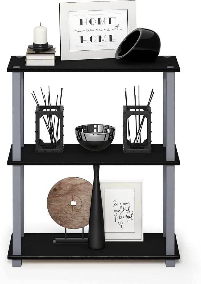 Furinno TURN-S-TUBE Storage Shelves Set of 2, 3-Tier Book Shelf, Corner Shelf, Toolless Open Shelves, Square Tubes, for Organization and Storage, Living Room, Garage, Home Office, Black