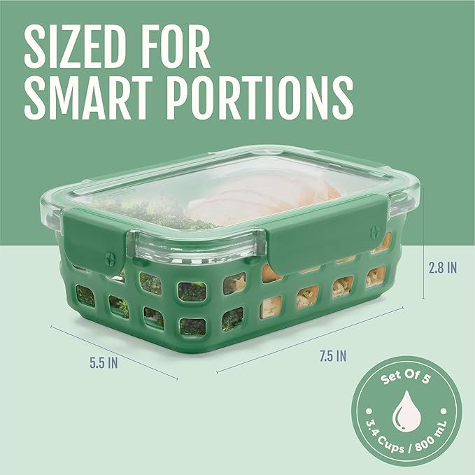 Ello Duraglass 3.4 Cup Meal Prep Sets 10Pc, 5 Pack Set- Glass Food Storage Container with Silicone Sleeve and Airtight BPA-Free Plastic Lids, Dishwasher, Microwave, and Freezer Safe, Olive Tree