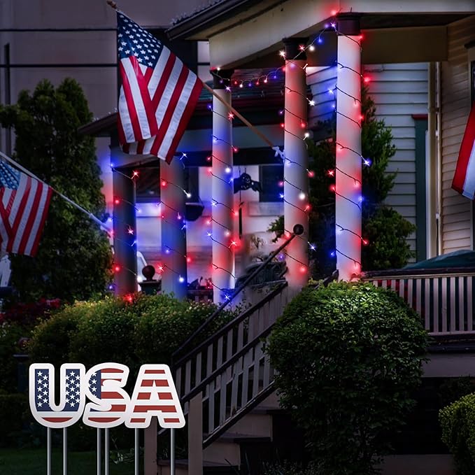 Kwaiffeo 4th of July Decorations Outdoor, 100FT 300LED Red White and Blue String Lights for Independence National Memorial Day, Flag Lights for 2024 President Election Campaign, 1 Pack
