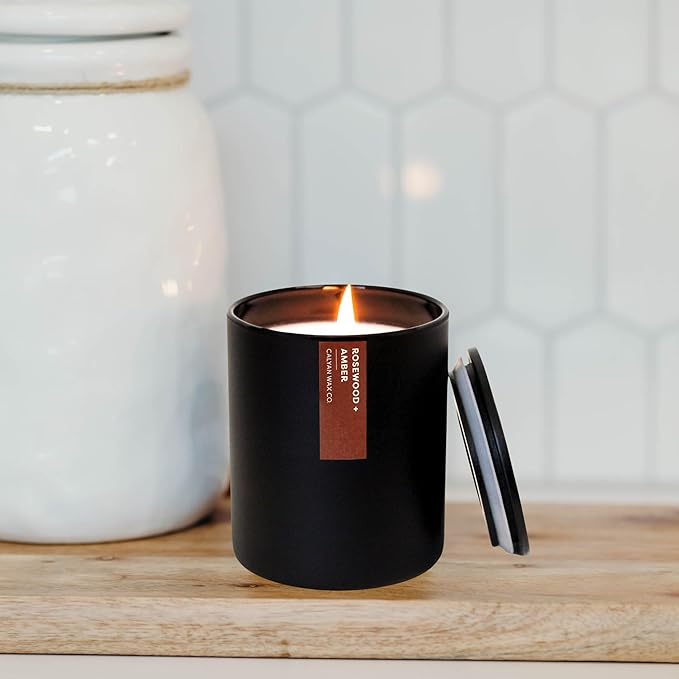 Calyan Wax Co. Rosewood & Amber Scented Candle - 75 Hour Burn - Luxury Non Toxic Soy Wax Candles - Long Lasting Black Tumbler Jar Candle for Home - 10.2oz