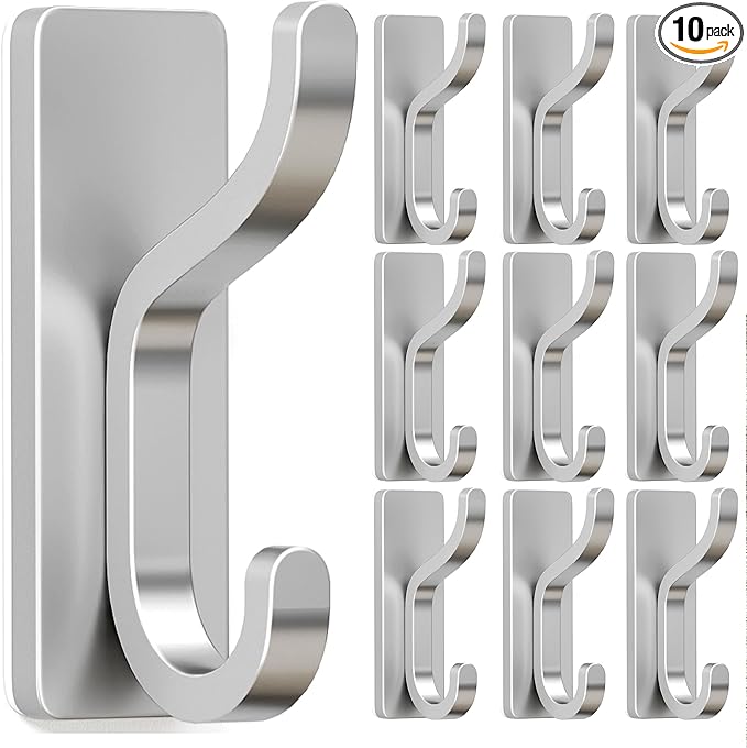 pickpiff 10-Pack Adhesive Wall Coat Hooks - Heavy Duty Stick-On Door Hanger, Metal Hook for Hanging Towel,Purse, Robe, Backpack, Jacket, Clothes - for Bathroom,Dorm, Closet, Kitchen - Silver