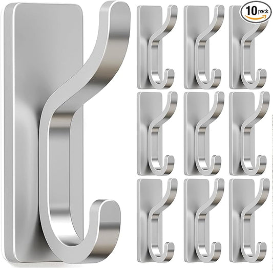 pickpiff 10-Pack Adhesive Wall Coat Hooks - Heavy Duty Stick-On Door Hanger, Metal Hook for Hanging Towel,Purse, Robe, Backpack, Jacket, Clothes - for Bathroom,Dorm, Closet, Kitchen - Silver