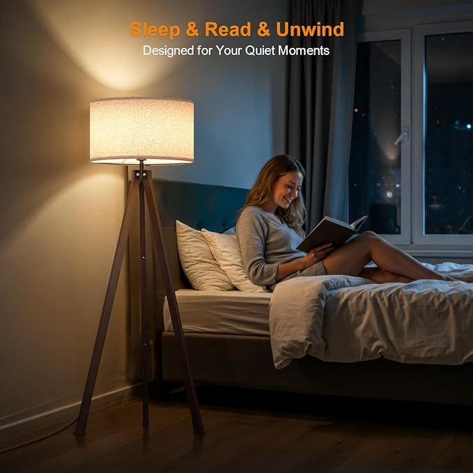 LEPOWER Wood Tripod Floor Lamp, Mid Century Standing Lamp, Modern Design Studying Light for Living Room, Bedroom, Study Room and Office, Flaxen Lamp Shade with E26 Base Walnut