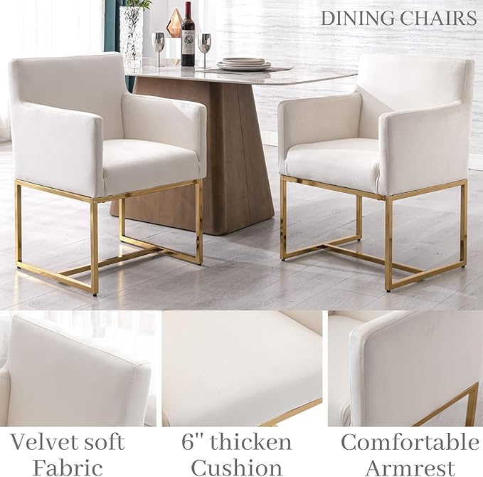 Upholstered Dining Chairs with Arms Set of 4 Mid Century Modern Accent Chairs Armchairs with Gold Metal Frame, Velvet Modern Kitchen & Dining Room Chairs, Cream