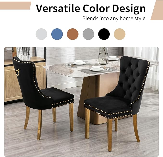 Luxury Upholstered Dining Chairs Set of 2, Black Kitchen Chair with Golden Metal Legs, Velvet Tufted Back Dining Chair, Sillas de Comedor, Modern Kitchen & Dining Room Chairs (Black, 2 Pcs)