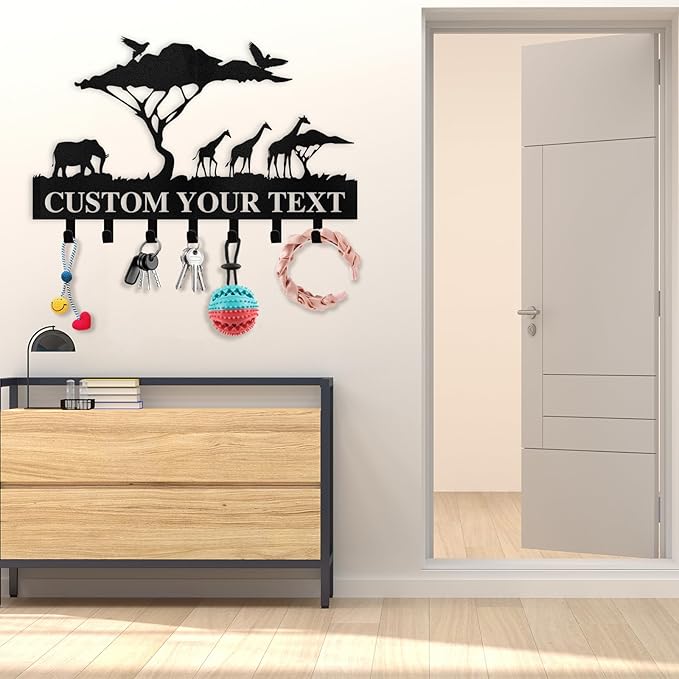 Personalized Key Holder for Wall | Custom Name Metal Cabin Key Hooks | Coat Hook Key Rack Wall Mount | Metal Wall Key Holder | Animal Theme African Art Decor for Living Room Hallway Office