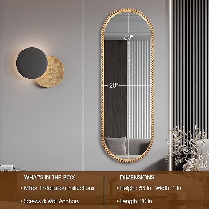 Oval Full Length Mirror, 20"x53" Metal Beaded Frame Large Hanging Dressing Floor Mirror for Bedroom, Living Room, Entryway, Antique Gold (No Stand)