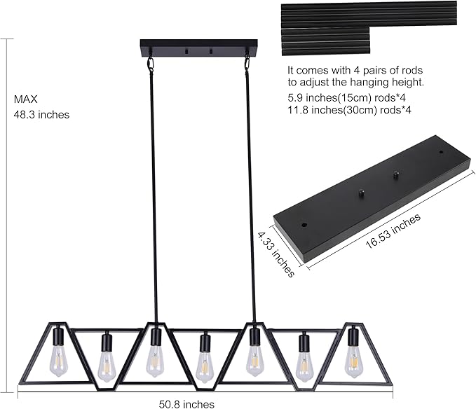 Dining Room Light Fixture, Kitchen Island Lighting with Adjustable Rods, Modern Chandelier Pendant Lamp Over Table (Black, 7 Light)