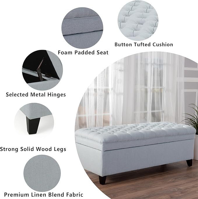 Setawix Linen Storage Benches, 50" Bed End Bench with Storage, Tufted Light Blue Ottoman Bench for Living Room, Rectangle Entryway Benches with Storage and Seating (Light Blue)