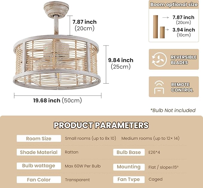 hummingbird 20 Inch Rattan Caged Ceiling Fan with Light, Boho White Fandelier Ceiling Fan with Lights and Remote, Enclosed 6 Speed for Bedroom Kitchen Dining Room