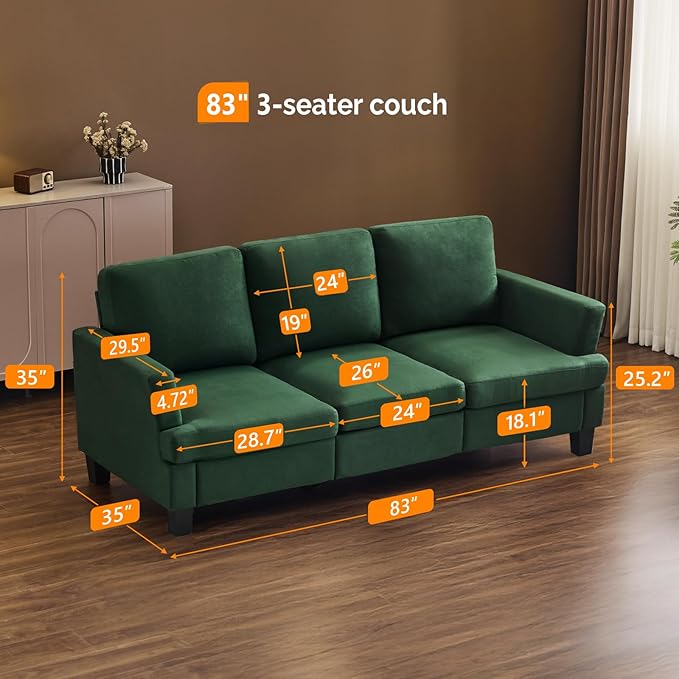 VINGLI Green 83" Sofa Couches for Living Room, Modern Comfy 3 Seater Couch 25.6" Deep Seat Upholstery Cozy Sofas for Small Space, Bedroom, Apartment, Home Office