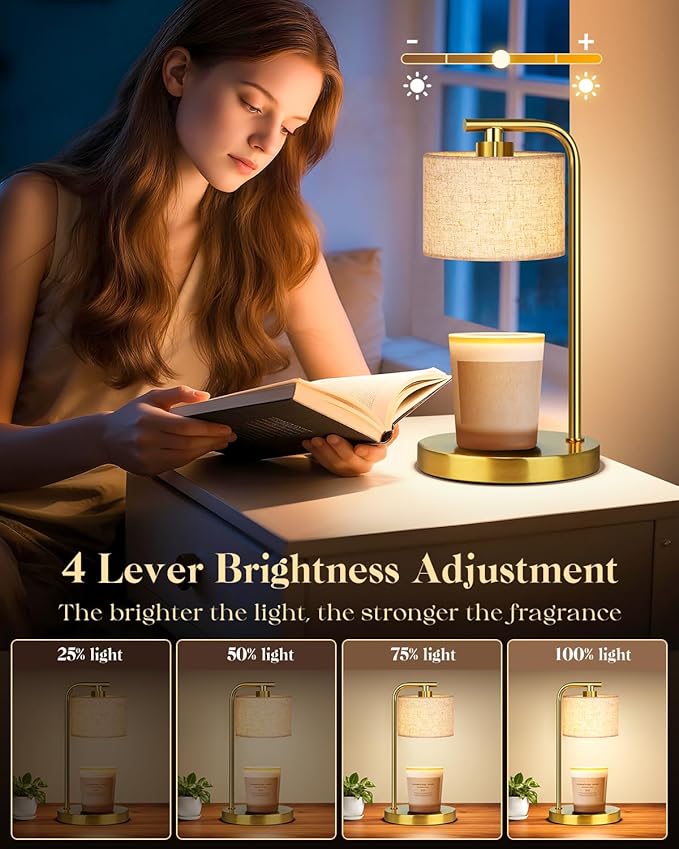 Candle Warmer Lamp with Timer Dimmer, Candle Lamp Warmer with Linen Shade - Birthday House Warming Gift for Women Mom Her - New Home Decor for Bedroom with 2 Bulbs (Gold)