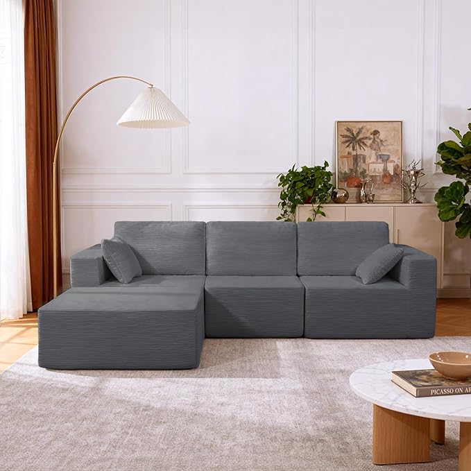 108” Modular Sectional Sofa Couch with Ottoman, 3-Seater Boneless Couch, L Shape Sectional Sofa Compressed Sofa for Living Room Bedroom, No Assembly Needed (Grey, 3 Seats+1 Ottoman)
