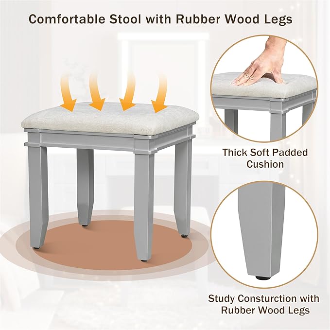 Merax 48" Vanity Desk with Mirror and Lights, Makeup Vanity with 7 Drawers and Cushioned Stool, Classic Finish Dressing Table with Hollow Design Drawer for Bedroom, Rubber Wood Legs, Grey-Blue