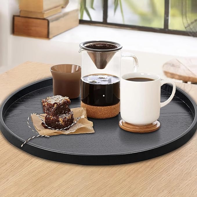 Round Solid Wood Serving Tray Extra Large Tea Coffee Snack Food Meals Serving Plate Non-Slip Kitchen Party Bar Server Ottoman Tray Breakfast Tray with Raised Edges (15.7inch/40cm) Black