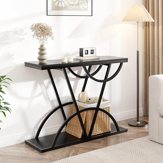 43" Console Table, Industrial Entryway Table with Storage Shelf, Narrow Wood Sofa Table with Metal Frame for Living Room, Hallway, Foyer, Entrance, Black