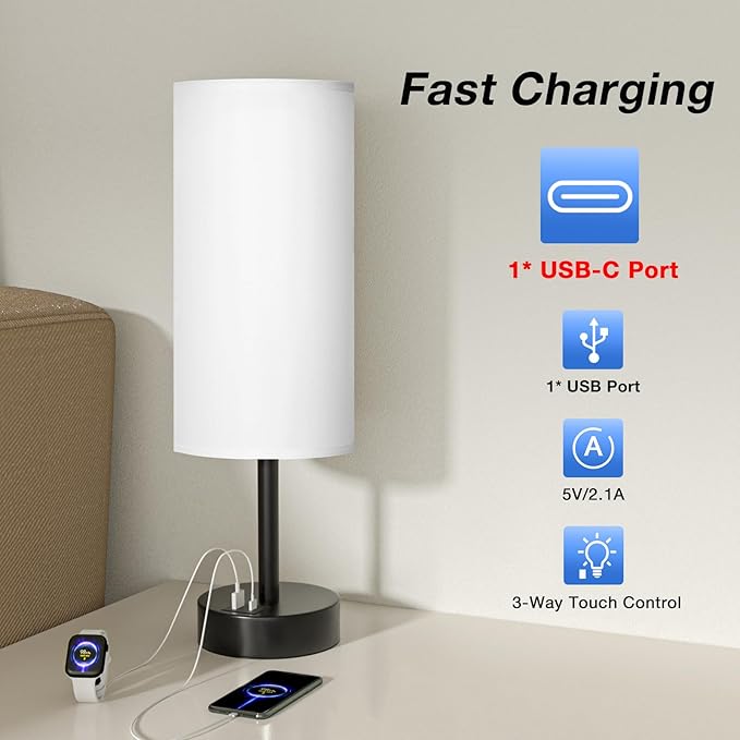 Bedside Touch Table Lamps for Bedroom Nightstand with USB-C USB-A Charging Ports White, 3 Way Dimmable Small Lamp Fabric Shade Black Base for Office, Living Room, Dorm Room Reading