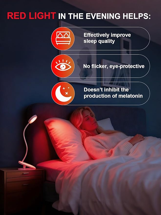 SZOKLED Red Light Reading Lights for Books in Bed, Clip on Lamp with Timer & Dimmable, Rechargeable Eye Care Night Light for Bedroom, Desk, Laptop, Headboard