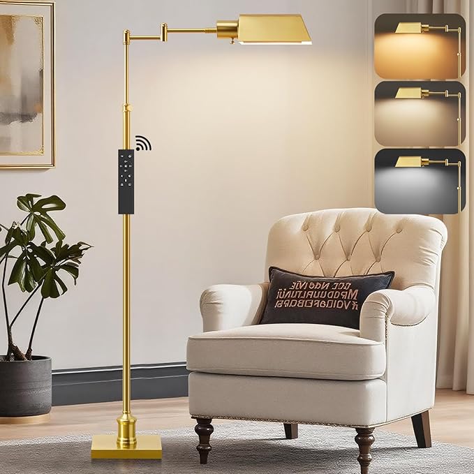 GyroVu Traditional Height Adjustable Pharmacy Floor Lamp with 350° Swing Arm, Color Temperature Adjustable Standing Lamp Metal Shade for Living Room Reading House Bedroom Home Office(Gold)