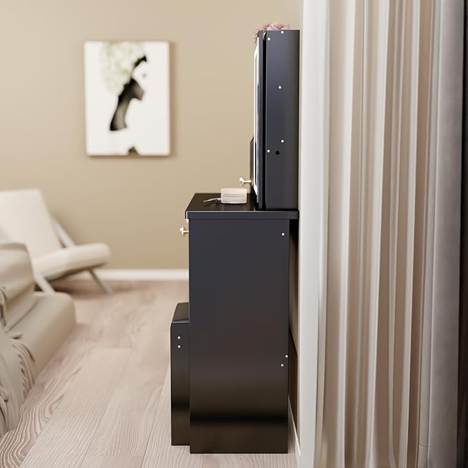 KEIKI Vanity Desk with Mirror & Cushioned Stool, 29.2'' Makeup Dressing Table Set with 5 Drawers for Tiny Bedrooms, Dorms, Apartments,Balck