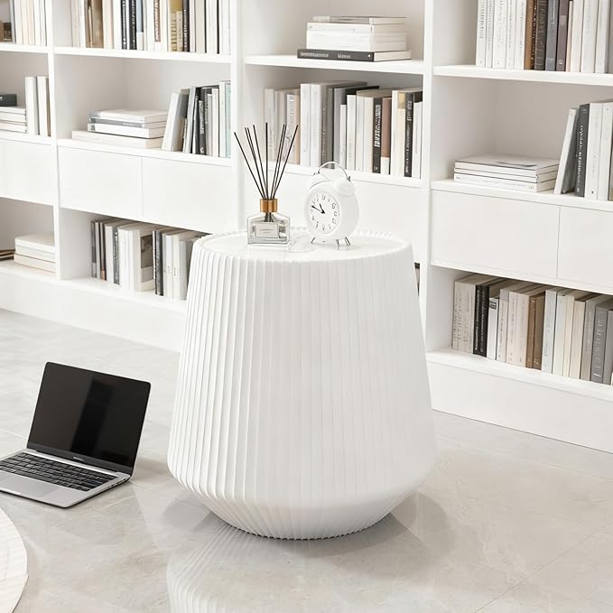 White Round Coffee Table with Sintered Stone Tabletop, 17.71" Drum Coffee Table with Fluted PU Leather Covered and Stable Base, Circle Cocktail Tea Table for Living Room