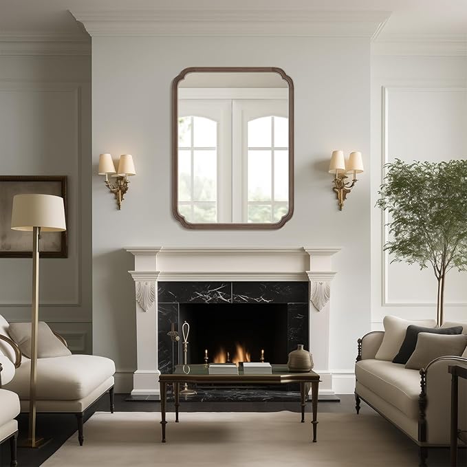 WallBeyond 30" x 40" Wood Bathroom Mirror for Wall Mounted, Rustic Rounded Corner Vanity Mirror for Entryway, Living Room or Bedroom Home Decorative [30" x 40" Walnut Color]