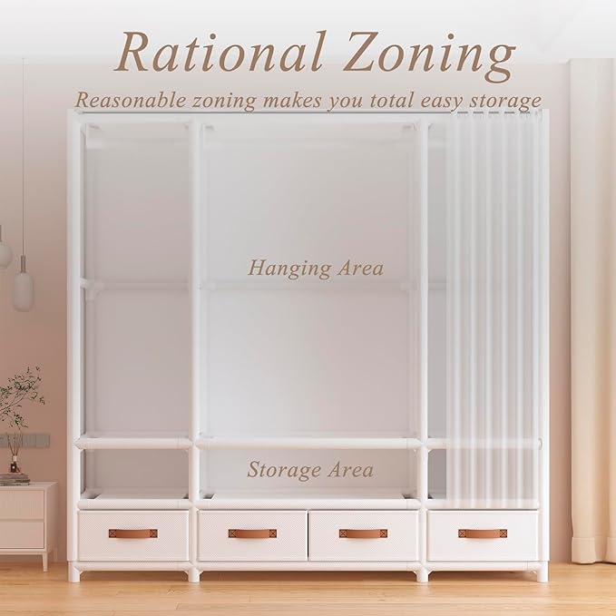 Portable Closet,Portable Closets for Hanging Clothes,Japanese Style Garment Rack with 2 Hanging Rods,6 Storage Shelves,43.3" L x 17.7" W x 65.1" H,White