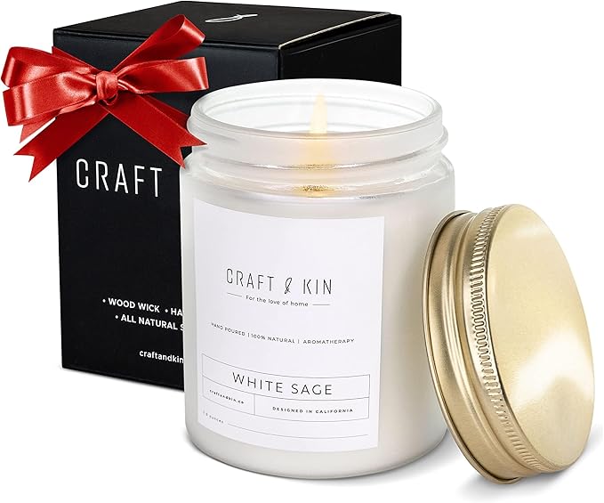 Craft & Kin White Sage Christmas Scented Candles for Cleansing | 8 Oz 45 Hour Long Lasting Holiday Candle | Classic Soy Woodwick Winter Candles | Made with Natural Soy | Gifts for Men and Women