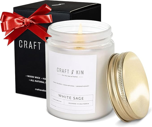 Craft & Kin White Sage Christmas Scented Candles for Cleansing | 8 Oz 45 Hour Long Lasting Holiday Candle | Classic Soy Woodwick Winter Candles | Made with Natural Soy | Gifts for Men and Women