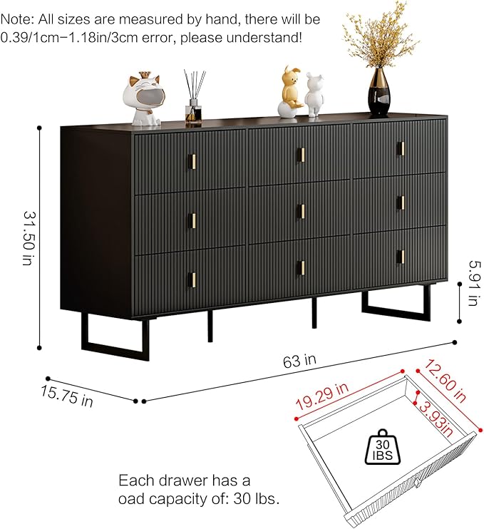 Modern Chest of Drawers with 9 Drawers,Deep Drawers,Clothes Organizer,Large Storage Cabinet for Living Room, Bedroom,Hallway,with Anti-Tipping Device,Matte Black