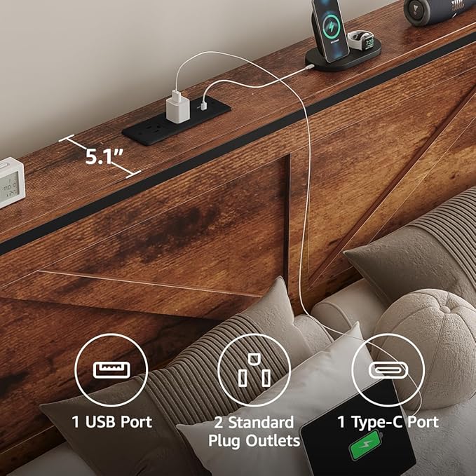 Rustic Queen Bed Frame with Storage Drawers and Barn Door Headboard, Farmhouse LED Bed Frame Queen Size with Charging Station, Metal Industrial Platform Bed Frames, No Box Spring Needed, Brown