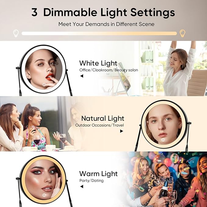 DOWRY 8.5'' Lighted Makeup Vanity Mirror with Magnification, Rechargeable 1x 10x Magnifying Mirror with 3 Color Light Brightness Adjustable, 360°Rotation Double Side Desk Cosmetic Mirror…