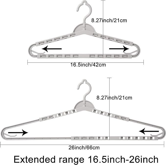4 Pack Extra Large Hangers Enlarge Adjustable Shoulder 16.5"-26" Drying Hanger Sturdy for Wide Polos Tops Cardigans Quilt Bath Towel Big and Tall Shirts (Light Gray)