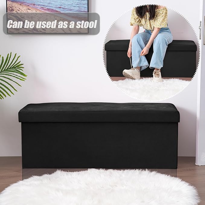 BRIAN & DANY 43 Inches Ottoman with Storage, Velvet Storage Ottoman Bench, Folding Ottomans for Bedroom, Living Room and Entryway (Black)