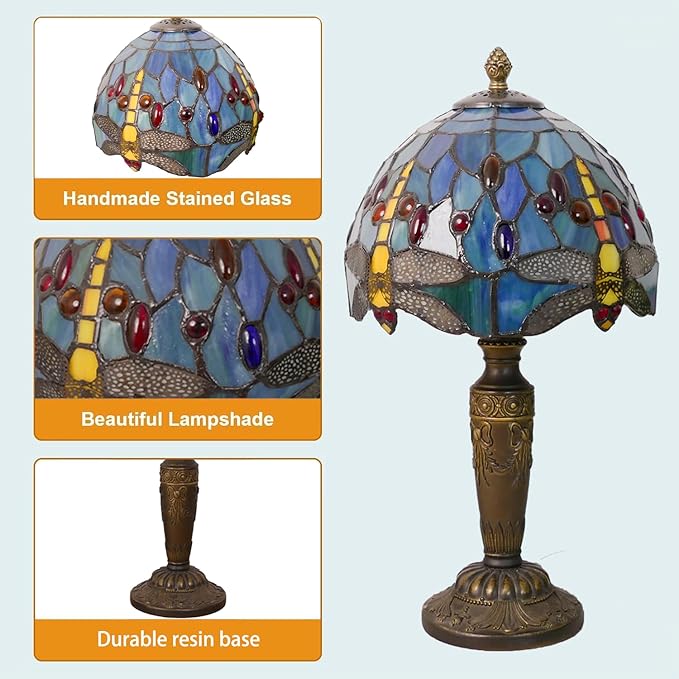 Tiffany Lamp Stained Glass Table Lamp 7.9X7.9X14.2 Inches Dragonfly Style Desk Reading Light