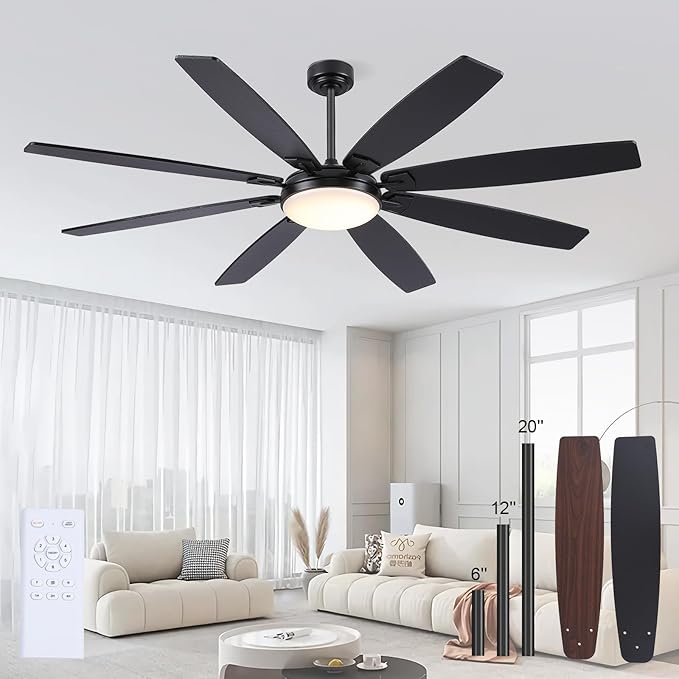 72 Inch Large Ceiling Fans with Lights, Modern Black Ceiling Fans with 8 Wooden Blade, 6 Speeds, Reversible DC Motor, 3 Colors LED Fans Light for Indoor Living Room/Covered Outdoor
