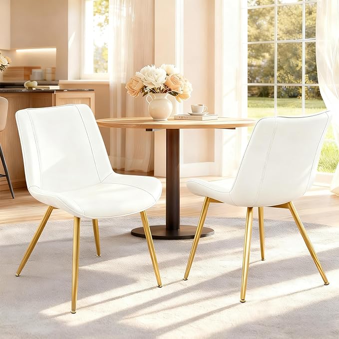 Brage Living Dining Chairs Set of 2, PU Leather Modern Armless Kitchen Dining Room Chairs, Upholstered Accent Side Chairs with Metal Legs (Pearl White, Gold Legs)