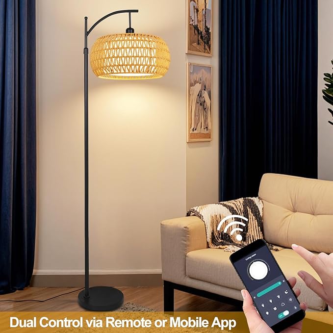 Arc Floor Lamps for Living Room Rattan Boho Floor Lamp with Remote Control,Dimmable LED Floor Lamps Black Standing Lamp with 3 Color Temperature Tall Floor Lamp for Bedroom Corner