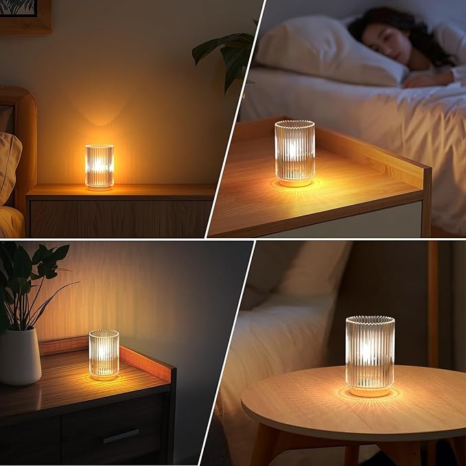 Battery Operated Lamp, Cordless Table Lamp with Timer, Desk Bedside Lamps with LED Warm Light, Glass Small Table Lamp for Bedroom, Bathroom, Living Room, Home Decor - Transparent