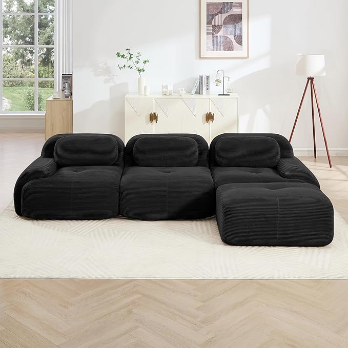 Black Ottoman for Modular Sectional Sofa, Corduroy Deep Seat for Oversized Compressed Boneless Sectional Couches for Living Room Bedroom Apartment, Cloud Sofa Couch Set, Memory Foam, No Assembly