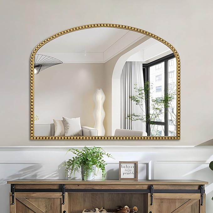 28"x36" Large Arch Wall Mirror, Decorative Beaded Frame Hanging Vanity Mirror for Dresser, Bathroom, Entryway, Bedroom, Mantel, Antique Gold
