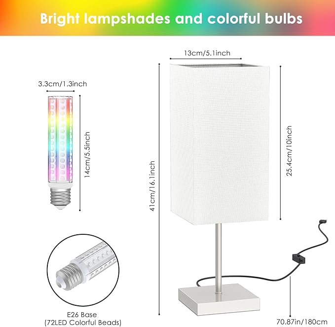 Smart Bedside Table Lamp for Bedroom, Modern Bedroom Lamps for Nightstand Decoration, 72 LED Colorful Bulb with APP Control & Music Sync & Timer, Desk Light for Home Office Living Room (Nickel Square)