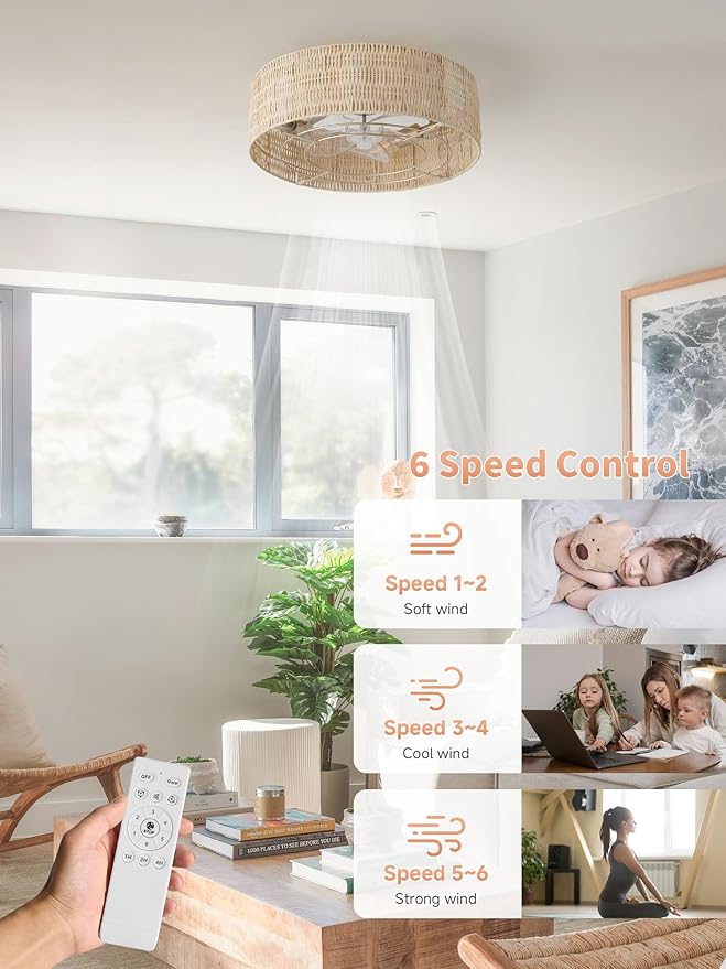 Caged Ceiling Fans with Lights Flush Mount, 20" Fabric Boho Ceiling Fan with Light Remote Control, Enclosed with 6 Speeds for Bedroom, Nursery, Living Room (Beige)