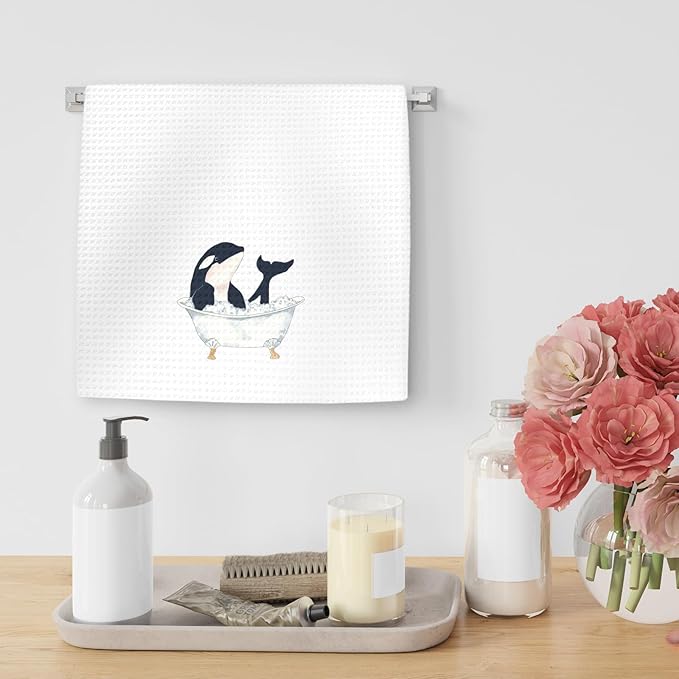 Funny Killer Whale Kids Bathroom Hand Towels, Sea Life Nautical Ocean Animal Decor for Bathrooms, Fun Killer Whale Taking Bath Hand Towels for Bathroom Washroom, 16x24In