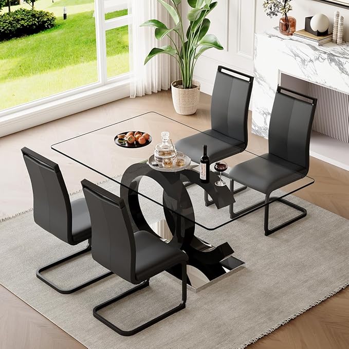 63'' Glass Dining Table Set for 4, Kitchen Table Chairs Set of 4, Clear Glass Dining Table with Black unique design Leg and Silver Metal Base, 4 PU Dining Chairs with Metal Legs, Living Room, Kitchen.