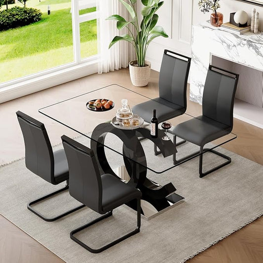 63'' Glass Dining Table Set for 4, Kitchen Table Chairs Set of 4, Clear Glass Dining Table with Black unique design Leg and Silver Metal Base, 4 PU Dining Chairs with Metal Legs, Living Room, Kitchen.