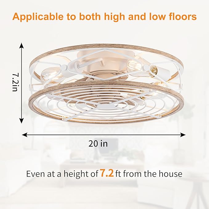 TIFEROR Flush Mount Ceiling Fan with Light, 20" ‎Farmhouse Low Profile Ceiling Fan with Remote, Reversible Motor, Suitable for Bedroom, Kitchen, Dining Room, Hallway
